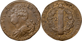FRANCE. Constitution. 2 Sols, Year 4/1792-W. Lille Mint. Louis XVI. CHOICE ALMOST UNCIRCULATED.