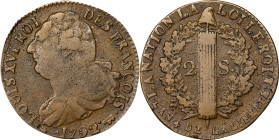 FRANCE. Constitution. 2 Sols, Year 4/1792. Pau Mint; mm: Cow. Louis XVI. EXTREMELY FINE.