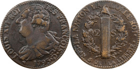 FRANCE. Constitution. 2 Sols, Year 5/1793-Ḋ. Riorges Mint. Louis XVI. CHOICE ALMOST UNCIRCULATED.