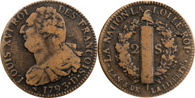 FRANCE. Constitution. 2 Sols, Year 5/1793-Ḋ. Riorges Mint. Louis XVI. CHOICE VERY FINE.
