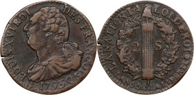 FRANCE. Constitution. 2 Sols, Year 5/1793-Q. Perpignan Mint. Louis XVI. ALMOST UNCIRCULATED.