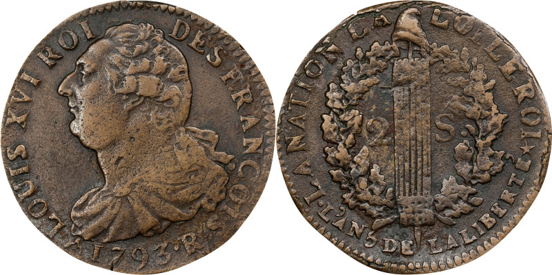 FRANCE. Constitution. 2 Sols, Year 5/1793-R. Orléans Mint. Louis XVI. CHOICE EXT...