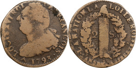 FRANCE. Constitution. 2 Sols, Year 5/1793. Orléans Mint. Louis XVI. VERY GOOD.