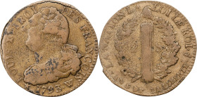 FRANCE. Constitution. 2 Sols, Year 5/1793-W. Lille Mint. Louis XVI. CHOICE VERY FINE.