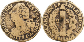 FRANCE. Empire. 2 Sols, "Year 3/1791-Λ" (ca. 1801-09). Imitating Paris Mint. In the name and types of Louis XVI. FINE.