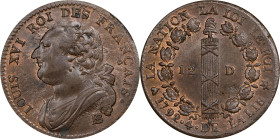 FRANCE. Constitution. 12 Deniers, Year 4/1792-BB. Strasbourg Mint. Louis XVI. PCGS MS-63 Brown.