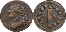 FRANCE. Constitution. 12 Deniers, Year 3/1791-•A. Paris (Barnabite Convent) Mint. Louis XVI. CHOICE VERY FINE.