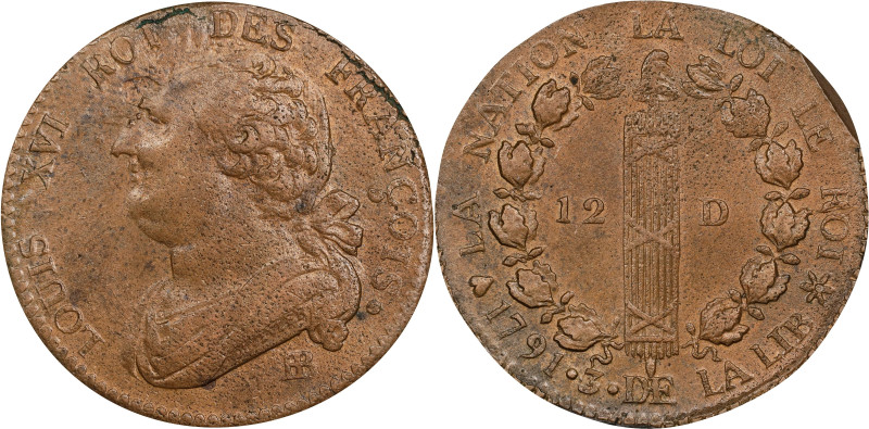 FRANCE. Constitution. 12 Deniers, Year 3/1791-BB. Strasbourg Mint. Louis XVI. PC...