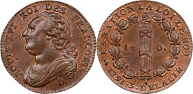 FRANCE. Constitution. 12 Deniers, Year 3/1791-D. Lyon Mint. Louis XVI. PCGS MS-64 Brown.