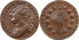 FRANCE. Constitution. 12 Deniers, Year 3/1791-N. Montpellier Mint. Louis XVI. ALMOST UNCIRCULATED Details, Cleaned.