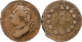 FRANCE. Constitution. 12 Deniers, Year 3/1791-T. Nantes Mint. Louis XVI. FINE.