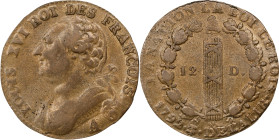 FRANCE. Constitution. 12 Deniers, Year 4/3/1792-A. Paris Mint. Louis XVI. ALMOST UNCIRCULATED.