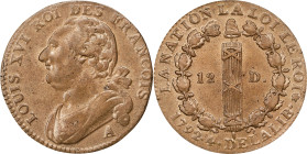 FRANCE. Constitution. 12 Deniers, Year 4/1792-A. Paris Mint. Louis XVI. PCGS MS-62.