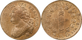 FRANCE. Constitution. 12 Deniers, Year 4/1792-BB. Strasbourg Mint. Louis XVI. PCGS MS-63.