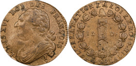 FRANCE. Constitution. 12 Deniers, Year 4/1792-!. Clermont-Ferrand Mint. Louis XVI. CHOICE ALMOST UNCIRCULATED.