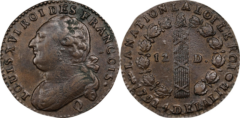 FRANCE. Constitution. 12 Deniers, Year 4/1792-Q. Perpignan Mint. Louis XVI. CHOI...