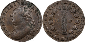 FRANCE. Constitution. 12 Deniers, Year 4/1792-Q. Perpignan Mint. Louis XVI. CHOICE EXTREMELY FINE.