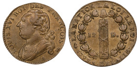 FRANCE. Constitution. 12 Deniers, Year 5/4/1793-A. Paris Mint. Louis XVI. PCGS AU-58.