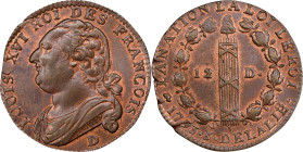 FRANCE. Constitution. 12 Deniers, Year 5/3/1793-D. Lille Mint. Louis XVI. PCGS MS-64 Brown.