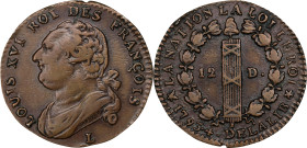 FRANCE. Constitution. 12 Deniers, Year 4/1793-L. Bayonne Mint. Louis XVI. CHOICE VERY FINE.