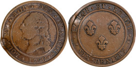 FRANCE. Constitution. Copper 6 Deniers Essai (Pattern), "1790" (1791/2). Paris Mint. Louis XVI. VERY FINE Details, Damage.
