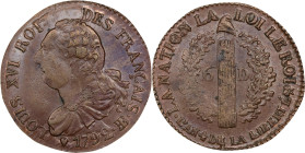 FRANCE. Constitution. 6 Deniers, Year 4/1792-BB. Strasbourg Mint. Louis XVI. PCGS AU-55.