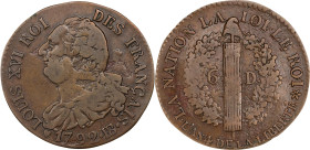 FRANCE. Constitution. 6 Deniers, Year 4/1792-BB. Strasbourg Mint. Louis XVI. VERY FINE.