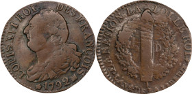 FRANCE. Constitution. 6 Deniers, Year 4/1792-MA. Marseille Mint. Louis XVI. CHOICE FINE.