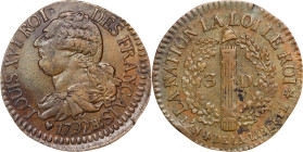 FRANCE. Constitution. 3 Deniers, Year 4/1792-BB. Strasbourg Mint. Louis XVI. CHOICE ALMOST UNCIRCULATED.