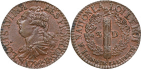 FRANCE. Constitution. 3 Deniers, Year 4/1792-D/L. Lyon Mint. Louis XVI. PCGS MS-63 Brown.