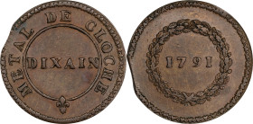 FRANCE. Constitution. Mint Error -- Edge Clip -- Bronze Dixain Essai (Pattern), 1791. Lyon Mint. EXTREMELY FINE.