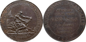 FRANCE. Constitution. Bronze 5 Sols Token, Year IV/1792. Birmingham (Soho) Mint. ALMOST UNCIRCULATED Details, Cleaned.