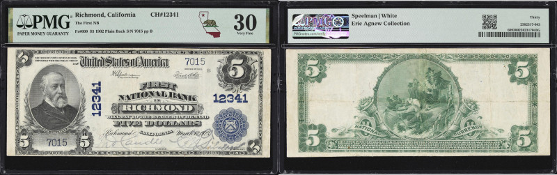 Richmond, California. $5 1902 Plain Back. Fr. 609. First NB. Charter #12341. PMG...