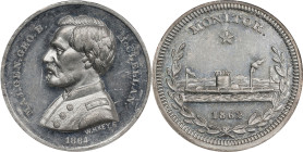 1864 George B. McClellan / Monitor Campaign Medal Mule. DeWitt-GMcC 1864-21 / 1864-24. White Metal. MS-62 (NGC).
