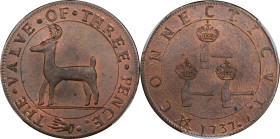 "1737" (ca. 1864) Higley Copper. Copy by John Adams Bolen. Musante JAB-10, Kenney-4, W-14270. THE VALVE OF THREE PENCE / CONNECTICVT, 3 Hammers. Coppe...
