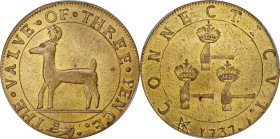 "1737" (ca. 1864) Higley Copper. Copy by John Adams Bolen. Musante JAB-10, Kenney-4, W-14275. THE VALVE OF THREE PENCE / CONNECTICVT, 3 Hammers. Brass...