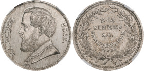 1865 John Adams Bolen Store Card. Musante JAB-19, Rulau Ma-Sp 35. White Metal. MS-63 (NGC).