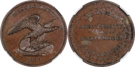 1866 Eagle and Shield / Lexington and Baltimore or "Historical" Medal. By John Adams Bolen. Musante JAB-22. Copper. Overstruck on an Essequibo & Demer...