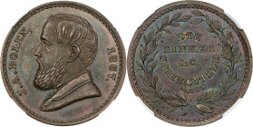 1867 John Adams Bolen Store Card, Without Signature. Musante JAB-24, Rulau Ma-Sp 44. Copper. MS-65 BN (NGC).