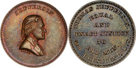 Undated (ca. 1867) Thomas Jefferson / Equal and Exact Justice for All Men Medal. By John Adams Bolen. Musante JAB-26. Copper. MS-65 RB (NGC).