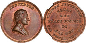 Undated (ca. 1867) Thomas Jefferson / Equal and Exact Justice for All Men Medal. By John Adams Bolen. Musante JAB-26. Copper. MS-64 RB (NGC).