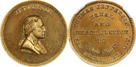 Undated (ca. 1867) Thomas Jefferson / Equal and Exact Justice for All Men Medal. By John Adams Bolen. Musante JAB-26. Brass. Overstruck on an E. Ivins...