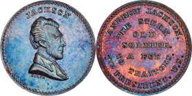 Undated (ca. 1867) Andrew Jackson / The Stern Old Soldier Medal. By John Adams Bolen. Musante JAB-27. Copper. Edge Marked B. MS-65 BN (PCGS).