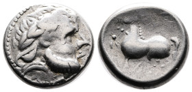 Celts in Eastern Europe, circa 3rd century BC. Silver Tetradrachm (22.3 mm, 12.18 g.). „Kugelwange” Type. Celticised, bearded head wearing reversed la...