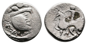 South Danube Celtic Tribe, Silver Drachm (14 mm, 2.54 g.). Eingesetzter Pferdefuß Type. Circa 3rd Century BC. Celticised, laureate and bearded head to...