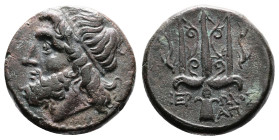 Hieron II, 275-215 BC. Bronze Tetras (19,70 mm, 7.37 g.). Syracuse, 263-218 BC. Diademed head of Poseidon left. Rev. Ornamented trident; flanked by do...