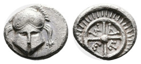 Thrace. Mesambria. 4th. Century BC. Silver Diobol (11 mm, 1.26 g.). Facing Corinthian helmet. Rev. META within four-spoked wheel. Karayotov I 39-140. ...
