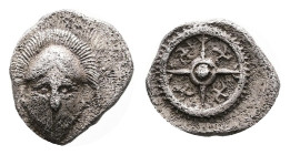 Thrace. Mesambria. Circa end 5th - early 4th Century BC. Silver Obol ( 9 mm, 0.60 g). Corinthian helmet with transverse crest facing. Rev. Wheel of fo...