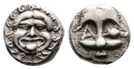 Thrace. Apollonia Pontica, circa 470-435 BC. Silver Drachm (12.5 mm, 3.33 g.). Facing Gorgoneion with tongue protruding, serpents around. Rev. Upright...