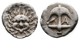 Thrace. Apollonia Pontica, 5th century BC. Silver Drachm (15.5 mm, 3.26 g.). Facing Gorgoneion with tongue protruding, serpents around. Rev. Upright a...